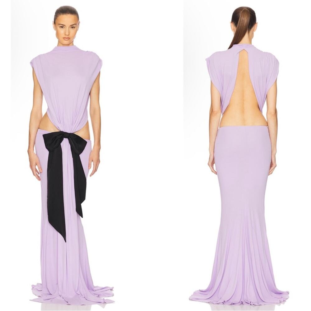 HELSA Constantina Bow Cutout Ruched Draped Jersey Maxi Dress Sz L